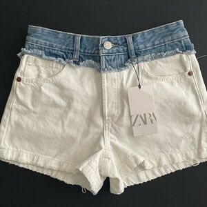 ZARA Button Fly High Waisted White and Blue Denim Shorts NWT